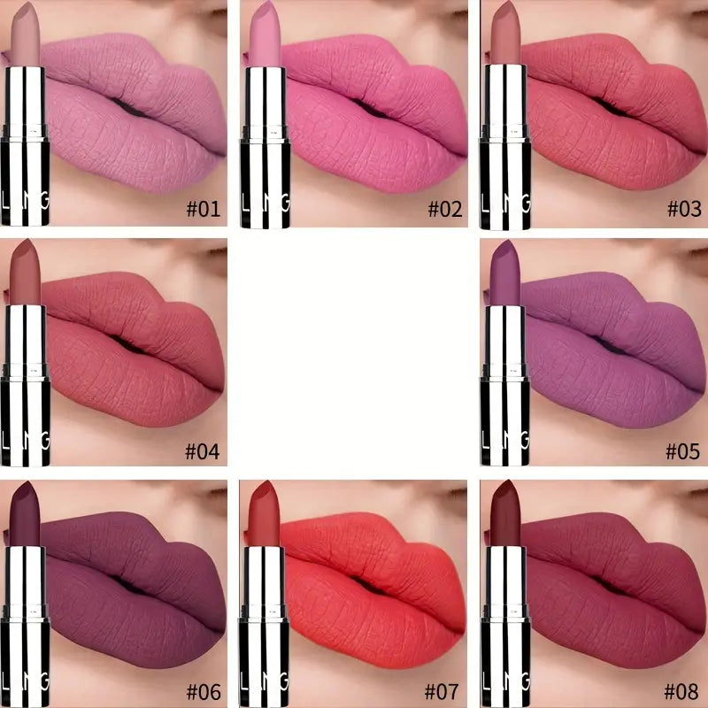 8-Color Velvet Matte Lipsticks - Waterproof & Moisturizing
